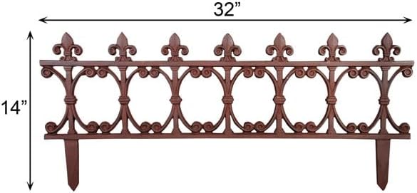 Esschert Design Finial Garden Fence, Rust Brown Cast Iron, 14" H x 32" W, Pack of 4 Decorative Fence Sections with Fleur-de-Lis Finials for Garden Edging and Walkway Borders