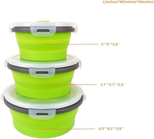 CARTINTS Green Silicone Collapsible Food Storage Containers-Prep/Storage Bowls with Lids - Round Silicone Food Storage Containers - Microwave and Freezer Safe 3Pack