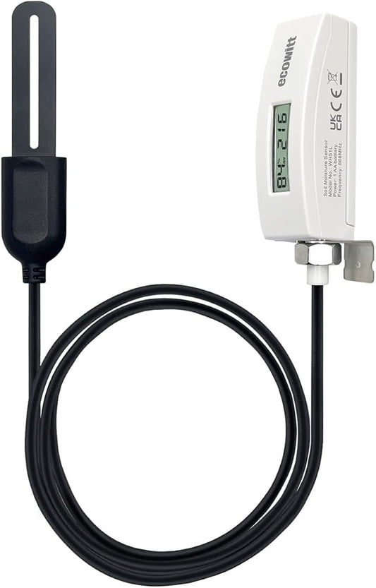 ECOWITT WH51L Soil Moisture Sensor with 1m/3.28ft PVC Wire Probe, LCD Display, Needs to Pair with Wi-Fi Gateway, 915 MHz