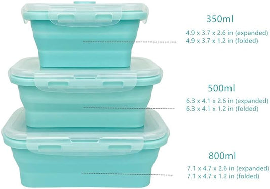 CARTINTS Silicone Collapsible Food Storage Containers-Prep/Storage Bowls with Lids - Set of 3 Square Silicone Lunch Containers - Microwave, Dishwasher and Freezer Safe (blue)