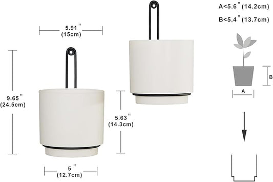 2 Pcs Wall Mounted Hanging Planter Vase for Indoor and Outdoor Plants Modern Metal Wall and Ceiling Planter Minimalist Flower Pot (White, 5.91 inch)