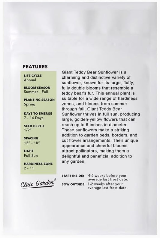 Sunflower Seeds - Giant Teddy Bear - 50 Seeds - Heirloom, Non-GMO, USA Grown, Excellent for Pollinators, Annual, Deer Resistant - Sunflower Seeds for Any Home Garden
