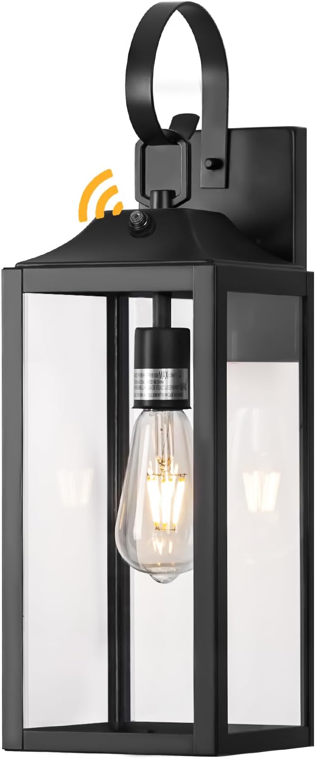 Black Dusk to Dawn Outdoor Wall Lantern, 19" Large Outside Modern Wall Sconce Light Fixture, Farmhouse Porch Light Waterproof for House