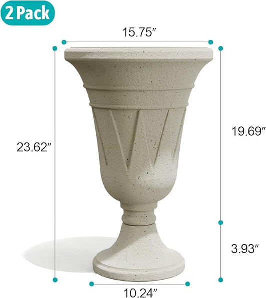 Tall Plastic Urn Planters for Outdoor Plants Set of 2-23.6" H Classic Trophy Design Indoor Large Flower Pots with Drainage Holes, Outdoor Planters for Porch Decor/Garden Vase, Off-White