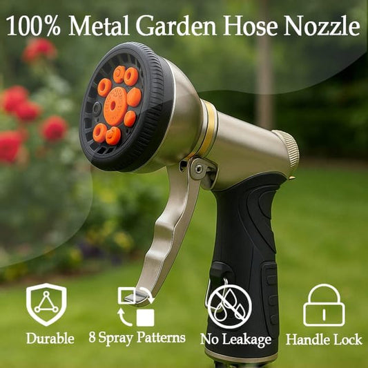 Garden Hose Nozzle,Heavy Duty Metal Water Hose Sprayer Nozzle with 9 Adjustable Spray Patterns,High Pressure Handheld Spray Nozzle Gun for Watering Plants, Car Washing