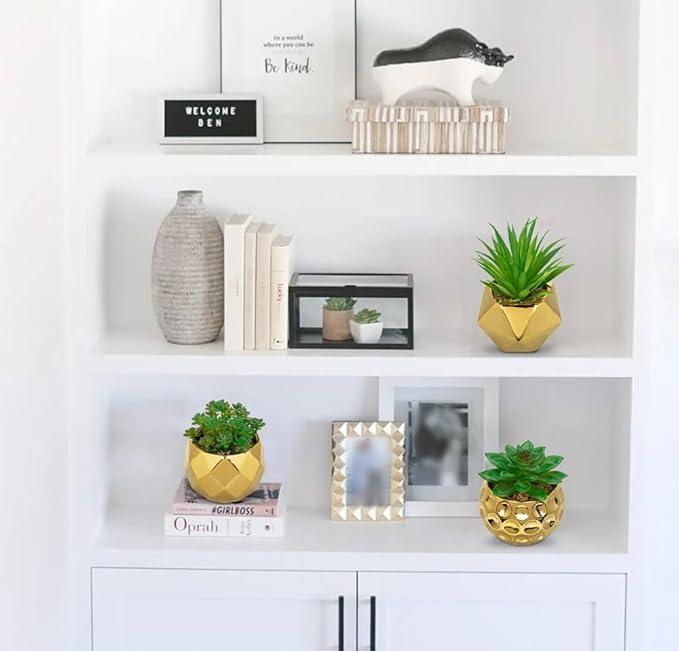 Briful Artificial Succulents Plants in Ceramic Pots, 3 Pack Faux Succulent Set with Gold Geometric Planters – Modern Desk Decor for Home Office Shelf Bathroom, Small Fake Plants Potted