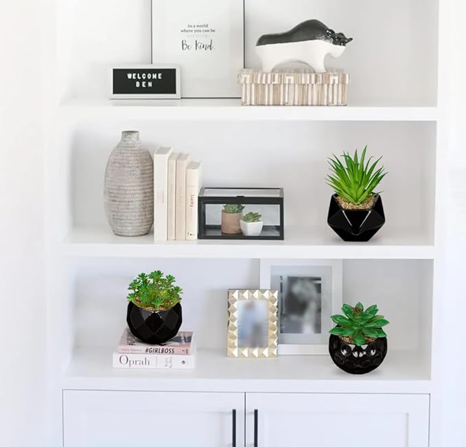 Briful Artificial Succulents Plants in Ceramic Pots, 3 Pack Faux Succulent Set with Black Geometric Planters – Modern Desk Decor for Home Office Shelf Bathroom, Small Fake Plants Potted