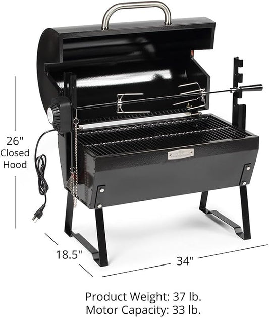 Ash & Ember 4W Rotisserie Spit Roaster Grill, Rated 33 LB, Horizontal Adjustable Spit Rod for Outdoor Charcoal BBQ with Hood, Roast Chicken, Lamb, Pig, Beef