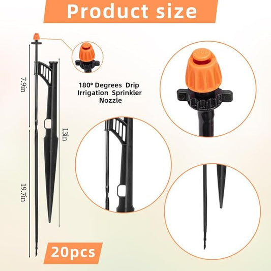 20 Sets 180 Degree Irrigation Sprinkler Heads with Stake Drip Micro Spray Emitters with 1/4" Irrigation Tubing on Riser Stake Micro Spray Sprinkler Stake Assembly for Garden Watering System