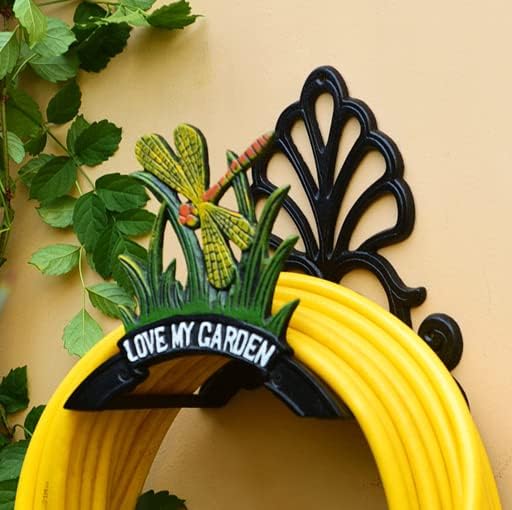 Decorative Garden Hose Holder, Hose Hanger, Heavy Duty Cast Iron Garden Yard Water Pipe Holds, Wall Mounted Hose Butler, Hose Rack Reel, 50FT 75FT 100FT Water Hose Bulter Storage (Dragonfly)