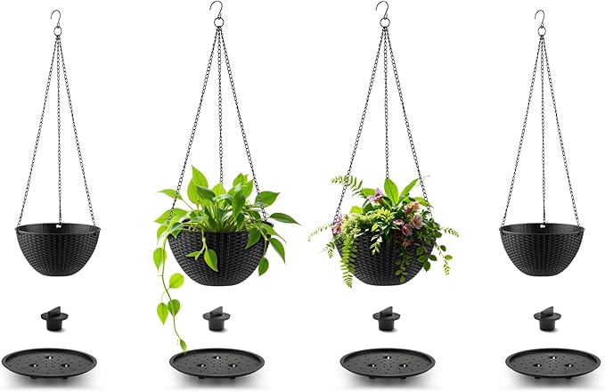 Hanging Planters for Indoor Outdoor Plants 8 and 10 Inch, 4 Packs Hanging Flower Pot with Drainage Holes, Self-Watering Hanging Basket Perfect for Home, Office and Garden, Black