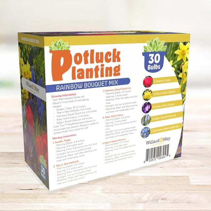 All-in-One Flower Garden Kit - 30 Bulbs Per Box - Potluck Planting Rainbow Bouquet Mix - Tulips, Daffodils, Iris, Crocus, Muscari - Live Outdoor Garden - Easy to Plant Flowers