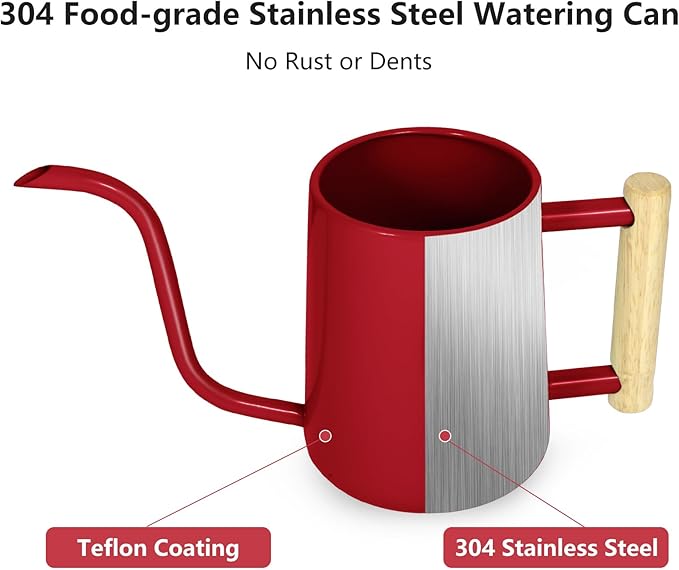 Watering Can Indoor Plants, 35 oz/1000 ml Metal Stainless Steel Watering Can Pot with Long Spout for Indoor House Plants Bonsai Outdoor Garden Flower Decorative (Red)