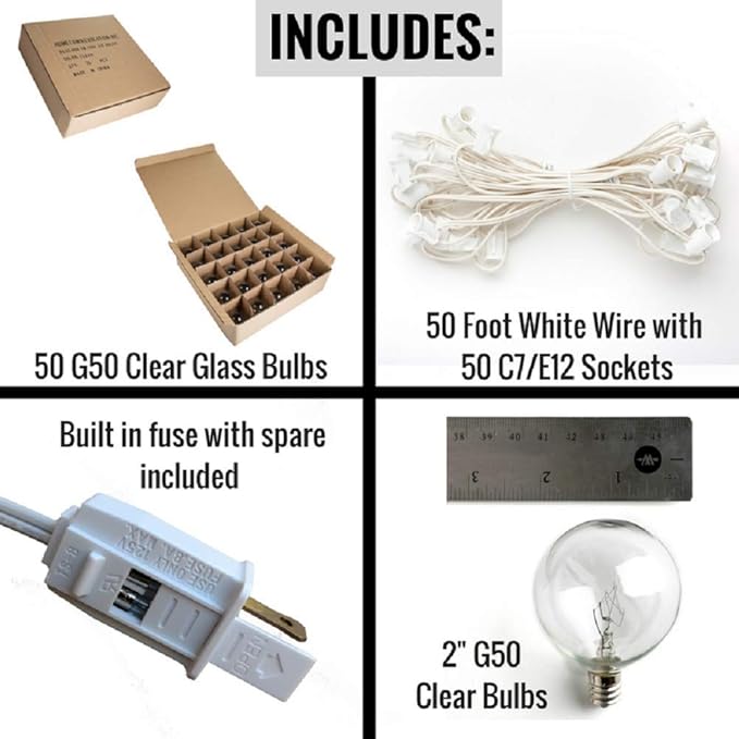 Hometown Evolution, Inc. 50 Foot G50 Patio Globe String Lights with 2 Inch Clear Bulbs for Outdoor String Lighting and White Wire +1 Free Spare