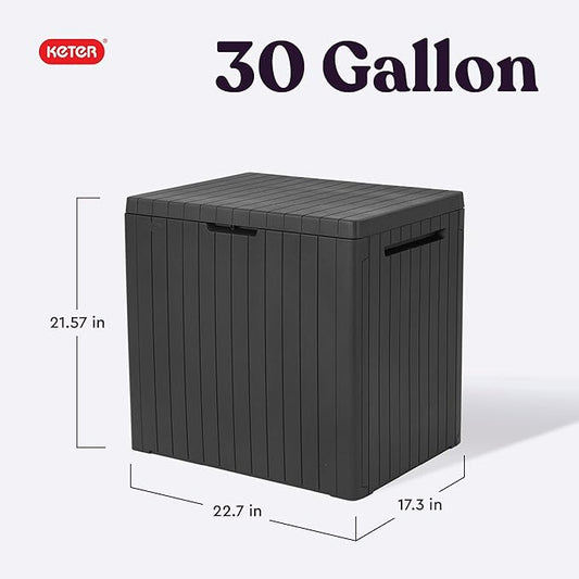 Keter City 30 Gallon Resin Outdoor Storage Box and Patio Furniture Side Table for Pool and Garden Accessories, Dark Grey