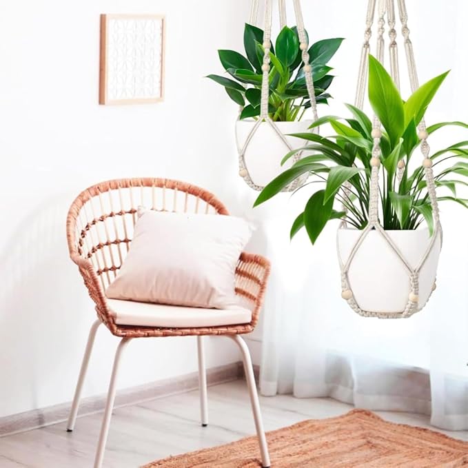 3 Pack Macrame Plant Hanger,Hanging Plant Holder, Boho Home Decor Hanging Basket with Wood Beads,Hanging Planters for Indoor Plants,Plant Hanger Indoor 35"/29"/23" Ivory (POTS NOT Included)