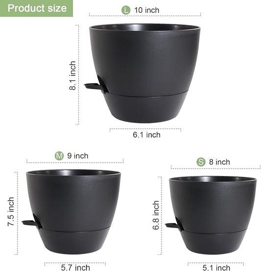 10/9/8 inch Medium Self Watering Pots, Plant Pots with Mesh Drainage Holes for Indoor Outdoor Garden Plants, Flower Pots with Removable Deep Reservoir, Set of 3 Plastic Planters, Black