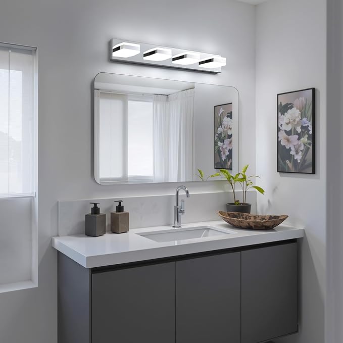 Bathroom Lighting Fixtures Over Mirror, 4 Light Bathroom Vanity Light Fixtures with Cool White 5000K, Silver LED Modern Vanity Wall Lights for Bath, Dressing Room, Restroom, 29.5 inch