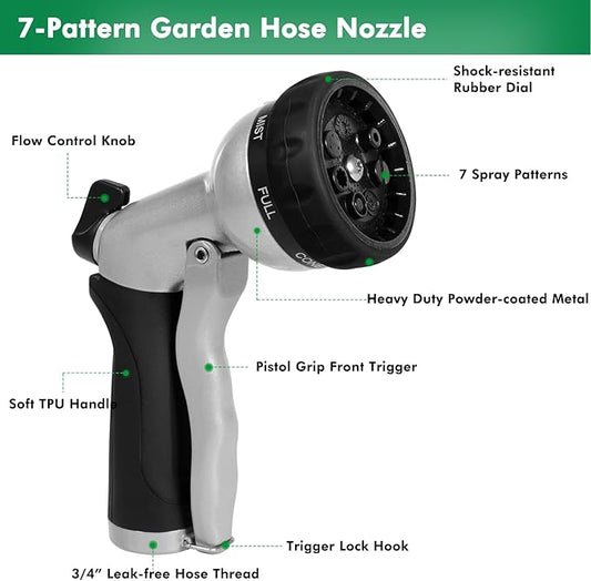 RESTMO Garden Hose Nozzle, Heavy Duty Metal Water Nozzle with 7 Adjustable Spray Patterns, High Pressure Hand Sprayer with Flow Control, for Watering Plants & Lawns, Washing Cars & Pets, Black