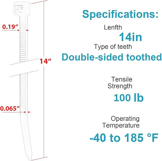 14 Inch Zip Ties Double Sided Toothed,100 LBS Tensile Strength Heavy Duty Cable Wire Ties With Self-Locking Adjustable More Durable Nylon Tie Wraps for Indoor Outdoor(200 Pack)