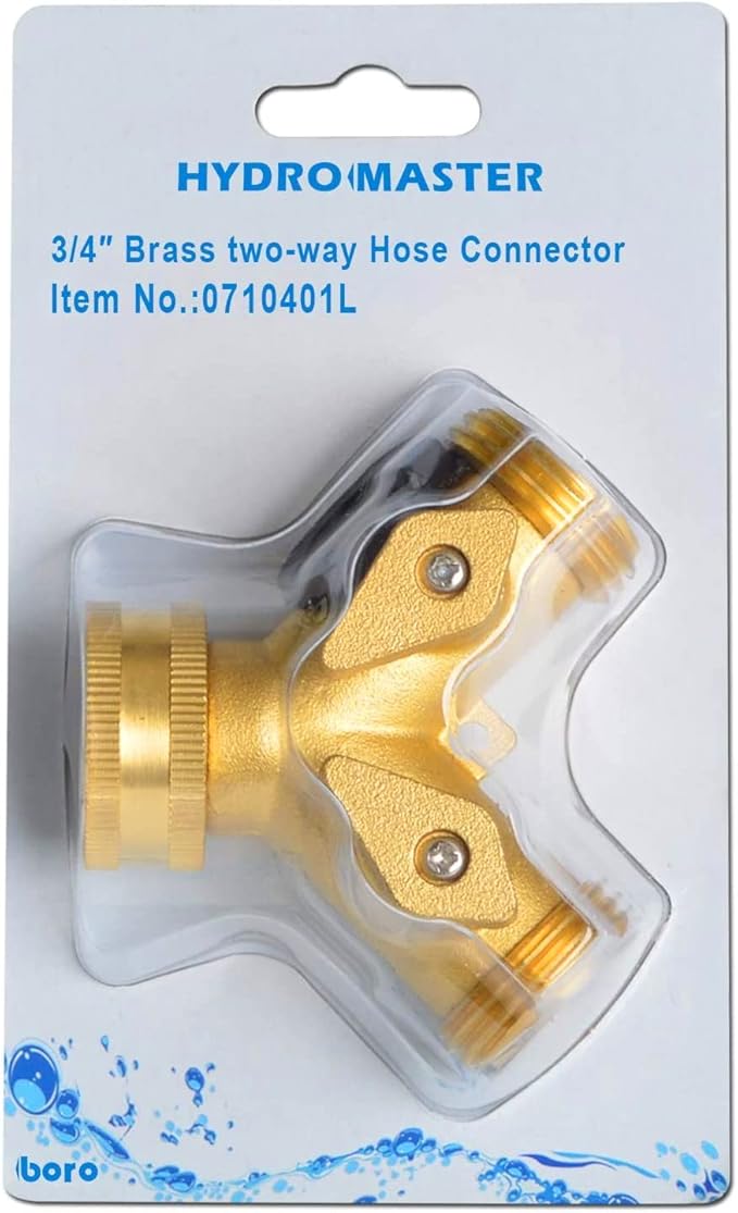 HYDRO MASTER Heavy Duty Brass 2 Way Y Splitter Garden Hose with Comfortable Grip Shut Off Valves, Adapter for Water Tap, Outlet, & Spigot, Includes Extra Rubber Washers