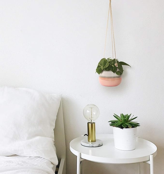 23 Bees Ceramic Hanging Planter, Pink White Succulent Pots, Round Plant Holder Container, Cactus Pot with Cotton Rope Hanger, Indoor Outdoor Decor, (1 Pack x Pink Horizon)