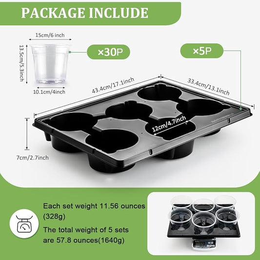 30 Pack 6 Inch Clear Nursery Pots and 5 Pack 6 Cell Round Plant Pot Trays, Sturdy Seeds Starting Germination Shuttle Carrying Trays, Planter Nursery Propagation 5 Sets
