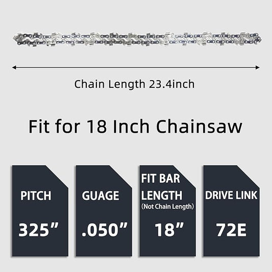 2 Pack 18 Inch Chainsaw Chain .325" Pitch .050'' Gauge 72 E Drive Links, 18-Inch Replacement Chains Fits Husqvarna 440 445, Echo Craftsman and more