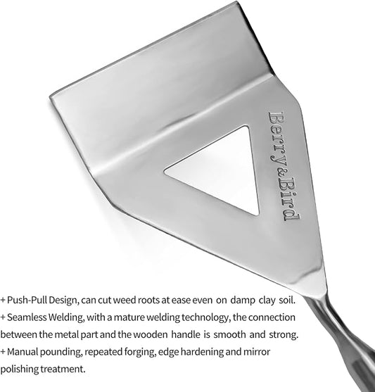 Berry&Bird Dutch Hoe for Weeding,63'' Stainless Steel Garden Weed Hoe with Long Wooden Handle,Heavy Duty Scuffle Hoe Manual Weeder Tool for Gardening Moss Removal Cutting Grass Soil Loosening & Edging