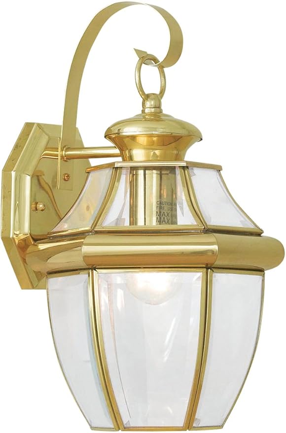 Livex Lighting 2151-02 Monterey 1 Light Outdoor Polished Brass Finish Solid Brass Wall Lantern with Clear Beveled Glass