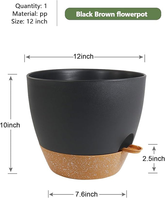 12 inch Large Self Watering Pots, Flower Plant Pots with Drainage Holes for Indoor Outdoor Garden Plants, Plastic Planters with Removable Deep Reservoir, Black with Brown