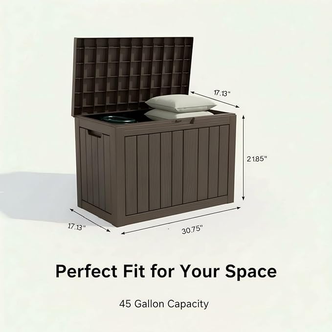 45 Gallon Lockable Deck Box for Indoor & Outdoor Storage, All-Weather Water Resistant Chest for Garage, Holiday Decor, Patio Cushions & Tools