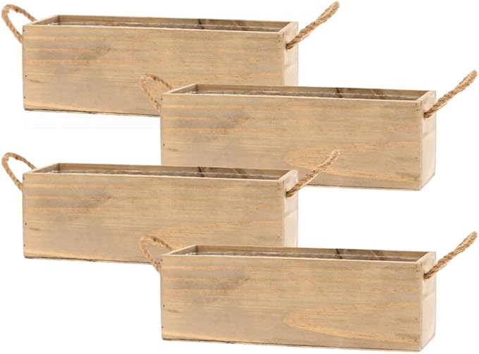 Wooden Planter Box with Handle I Rustic Barn Wood, Plastic Liner l Garden Decor l Restaurant and Wedding Decorations l Wedding Table Centerpiece (12x4 w Handle Set of 4, Natural)