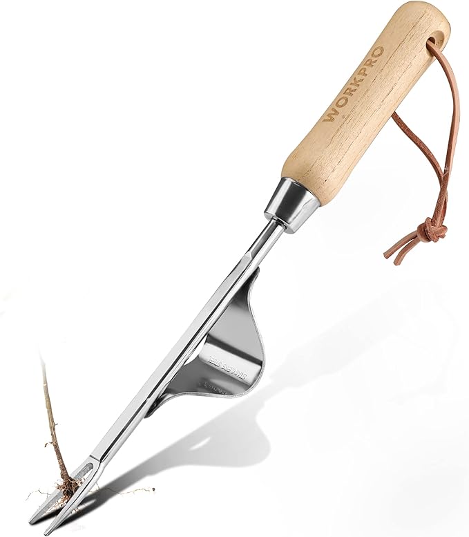 WORKPRO Weed Puller Tool, Metal Leverage Base and V-Shaped Forks for Easy Weed Removal & Deeper Root Digging, Heavy Duty Stainless Steel with Wood Handle, Manual Hand Weeder for Gardening