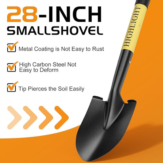 HIGHLIGHT Kids Shovel, Small Shovels for Digging, Overall Length 28 Inches, Mini D Handle, Gardening Shovel, Metal Beach Shovel, Camping, Snow, Wood Handle