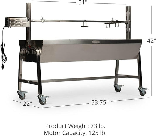 Ash & Ember 25W Stainless Steel BBQ Rotisserie Grill, 4 RPM Rotation Speed, Rated 125 LB for Large Game, Portable Electric Outdoor Roaster with Dual Prongs, Single Leg Bracket, and Spine Fork
