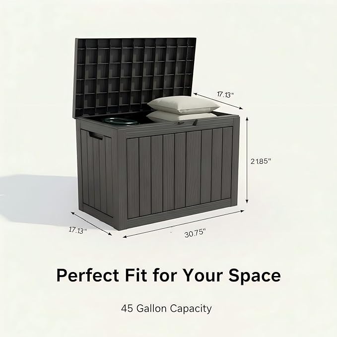 45 Gallon Lockable Deck Box for Indoor & Outdoor Storage, All-Weather Water Resistant Chest for Garage, Toys, Holiday Decor, Patio Cushions & Tools