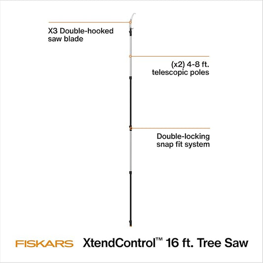 Fiskars XtendControl Extendable Tree Pruner (16 ft), Adjustable Branch Trimmer with 15" X3 Double-Hooked Saw, 4-8 ft Extension Pole, and Secure Locking System for Precision Cutting
