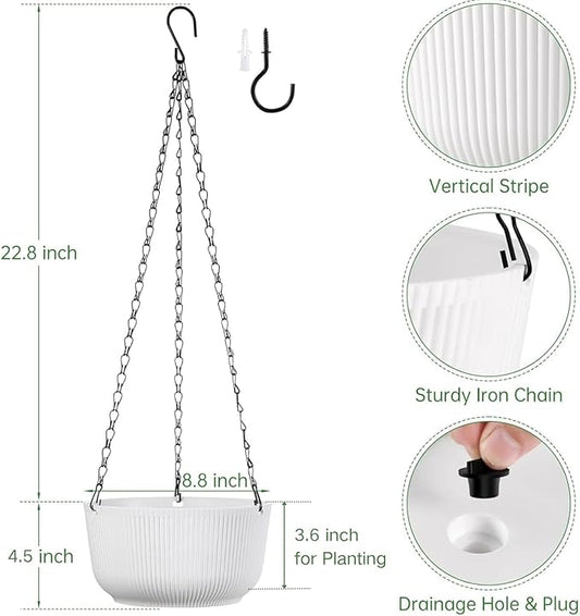 Set of 2 White 8.8 Inch Hanging Planters for Indoor Outdoor Plants, Self Watering Hanging Baskets Flower Pots with Drainage Hole & Plug
