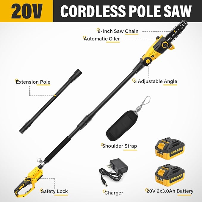 Pole Saw, 8-Inch Cordless Pole Saw for Tree Trimming, 15-FT Max Reach, 16ft/s Cutting Speed, Auto Oiling, Tool-Less Electric Pole Saws, Tree Trimmer with 2x3.0Ah Battery & Charger