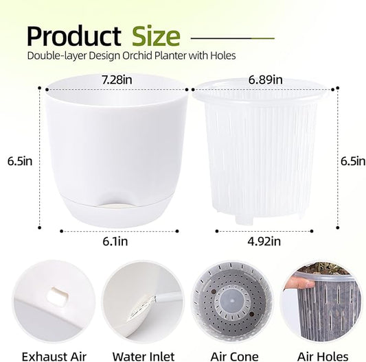 QCQHDU 2 Pack 7.2 Inch Orchid Pots with Holes for Repotting, Double-Layer and Self Watering Orchid Pot with Good Air Circulation