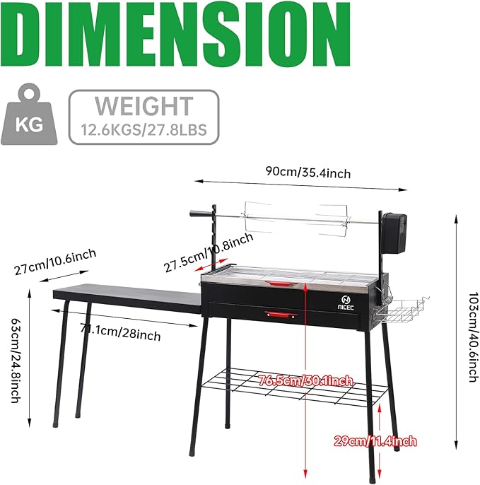 Nice C Portable Charcoal Grill, Rotisserie, Detachable Table, Stainless Steel, Black, Outdoor, Freestanding, Manual Rotisserie