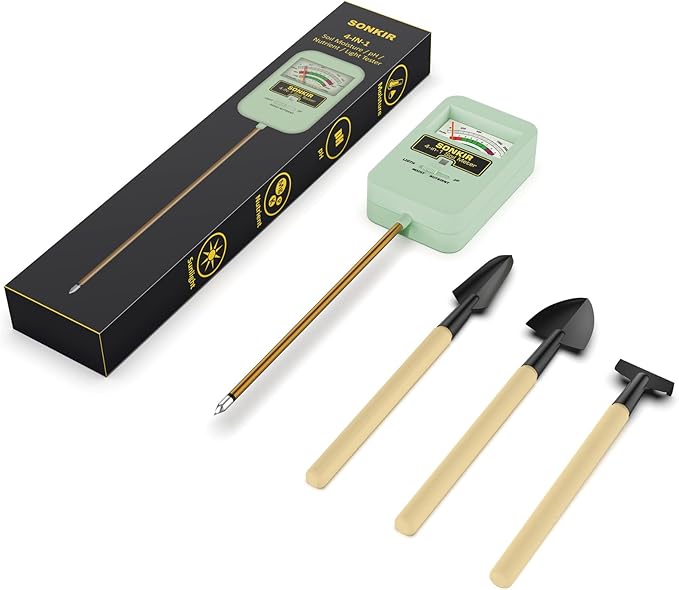 Sonkir Soil Moisture Meter, 4-in-1 Soil Ph Meter, Soil Tester for Nutrients, Moisture, PH and Light, Soil Ph Test Kits for Plant, Great for Garden, Indoor & Outdoor Use (No Battery Required), Green