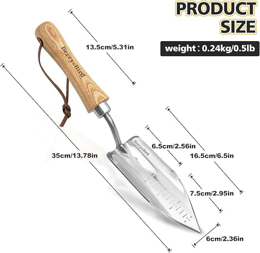 Berry&Bird Potting Trowel, Stainless Steel Serrated Hand Shovel, Wood Handle Garden Trowel Tool with Measuring Scale for Effortless Digging,Roots,Planting, Cutting and Transplanting