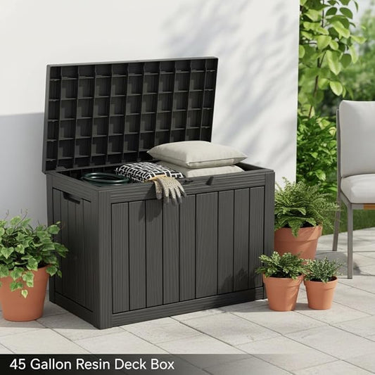 45 Gallon Lockable Deck Box for Indoor & Outdoor Storage, All-Weather Water Resistant Chest for Garage, Toys, Holiday Decor, Patio Cushions & Tools