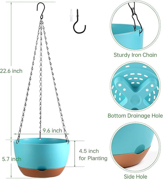 Set of 2 10 Inch Self Watering Hanging Planters for Indoor Outdoor Plants, Color Blocking Hanging Baskets Flower Pots with Drainage Hole & Removable Water-Storage Tray