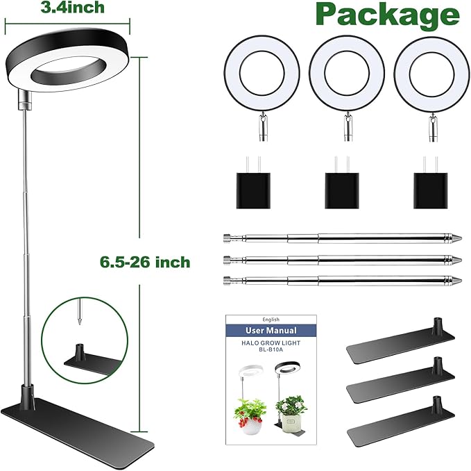 Plant Grow Light, 48 LEDs Full Spectrum Grow Lights for Indoor Plants, Height Adjustable Small Halo Grow Light with Base, 3 Optional Spectrums, Auto Timer 3/9/12Hrs, 10 Brightness, 3 Pack