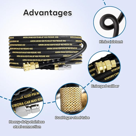 Pressure Washer Hose 25FT with 3/8 Inch Quick Connect, Kink Resistant High Tensile Wire Braided, with 2 pcs M22 14mm Adapter Set, 4200 PSI Power Washer Hose
