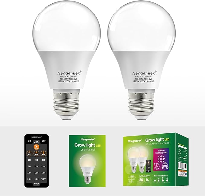 Smart LED Grow Light Bulbs with Remote Controller, Sun Mode, Built-in Daily Auto Timer, 4500K, A21/A70 E26/E27 9W Dimmable Full Spectrum Grow Bulbs for Indoor Plants, 2 Pack