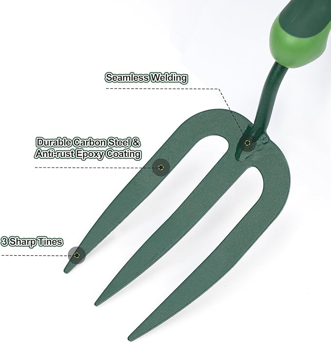 Garden Hand Fork, Carbon Steel Weeder Fork with Rubber Ergonomic Handle, Rust Resistant Small Garden Fork for Uprooting Weed, Digging, Planting, Loosening Soil, Cultivating